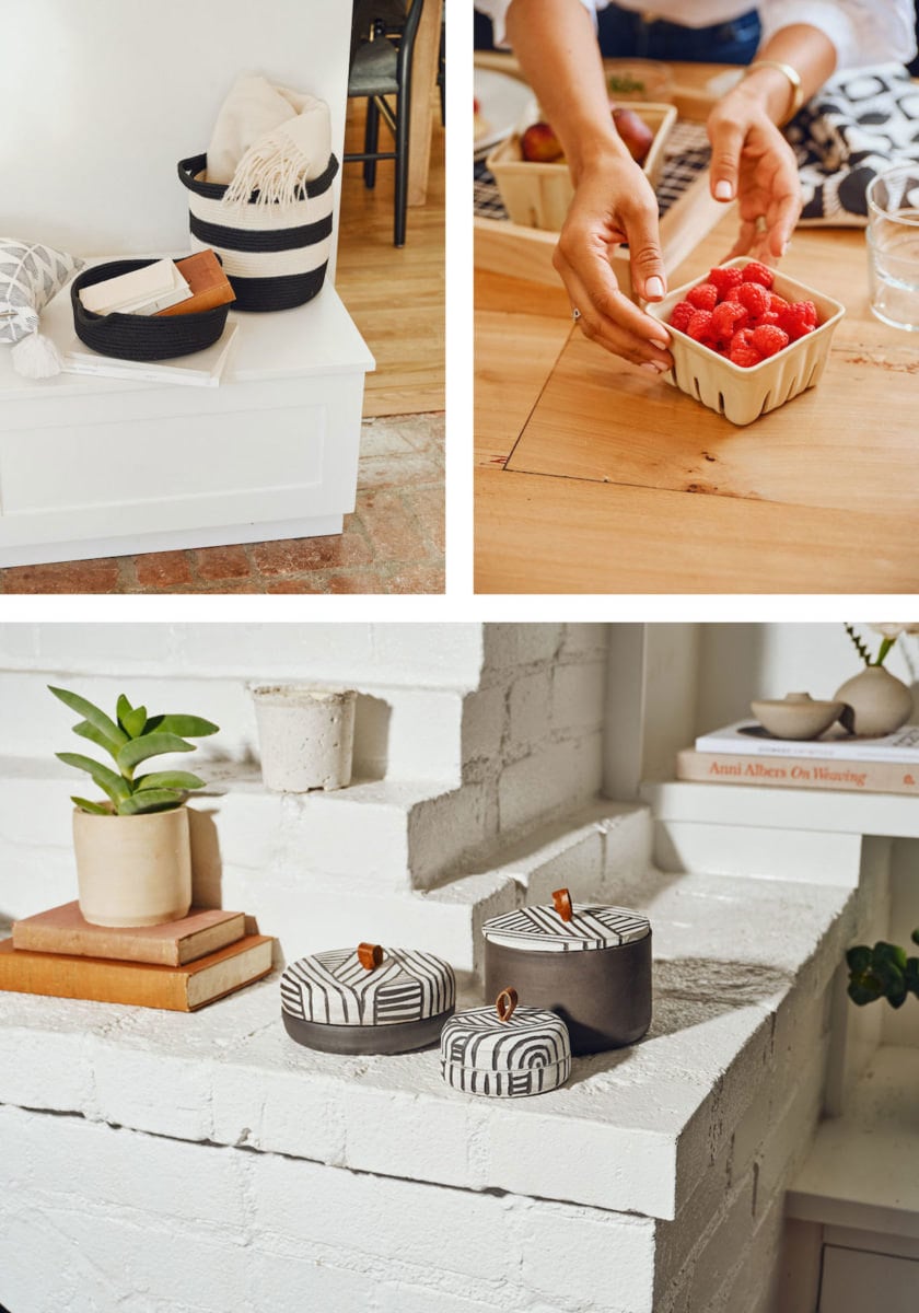 Woven baskets, ceramic berry baskets, and lidded ceramic jars from the Tia Mowry x Etsy collection
