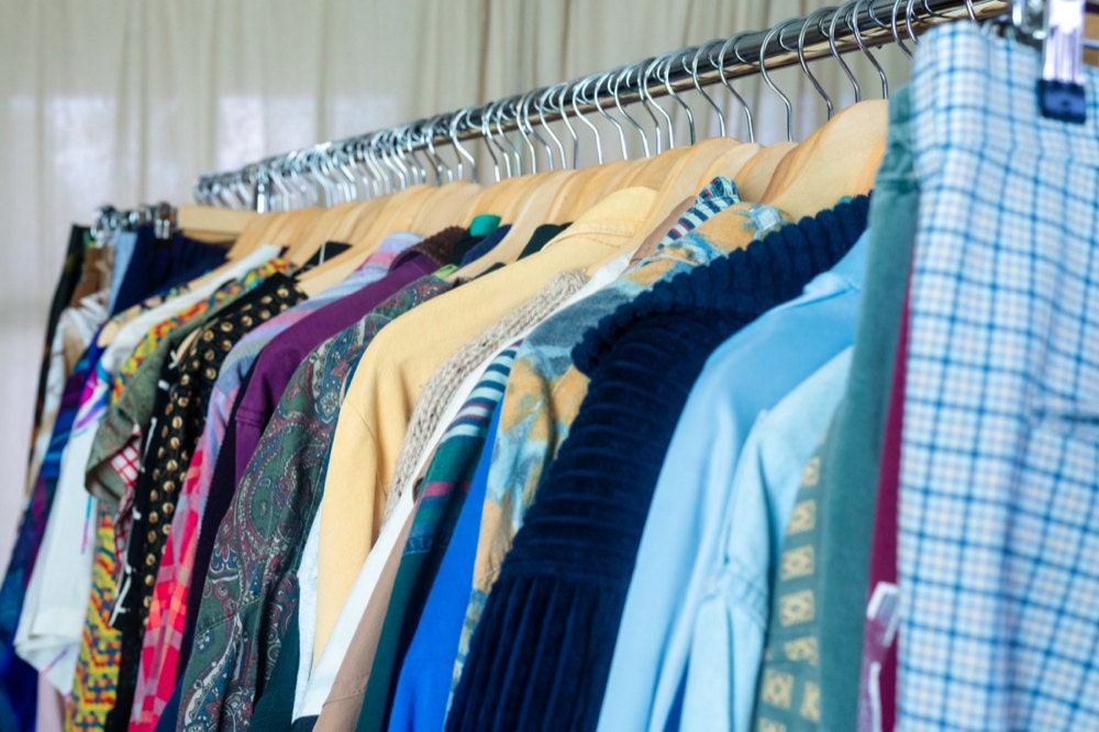 A rack of vintage clothes at Norman and Rachelle's at-home shop in Texas.