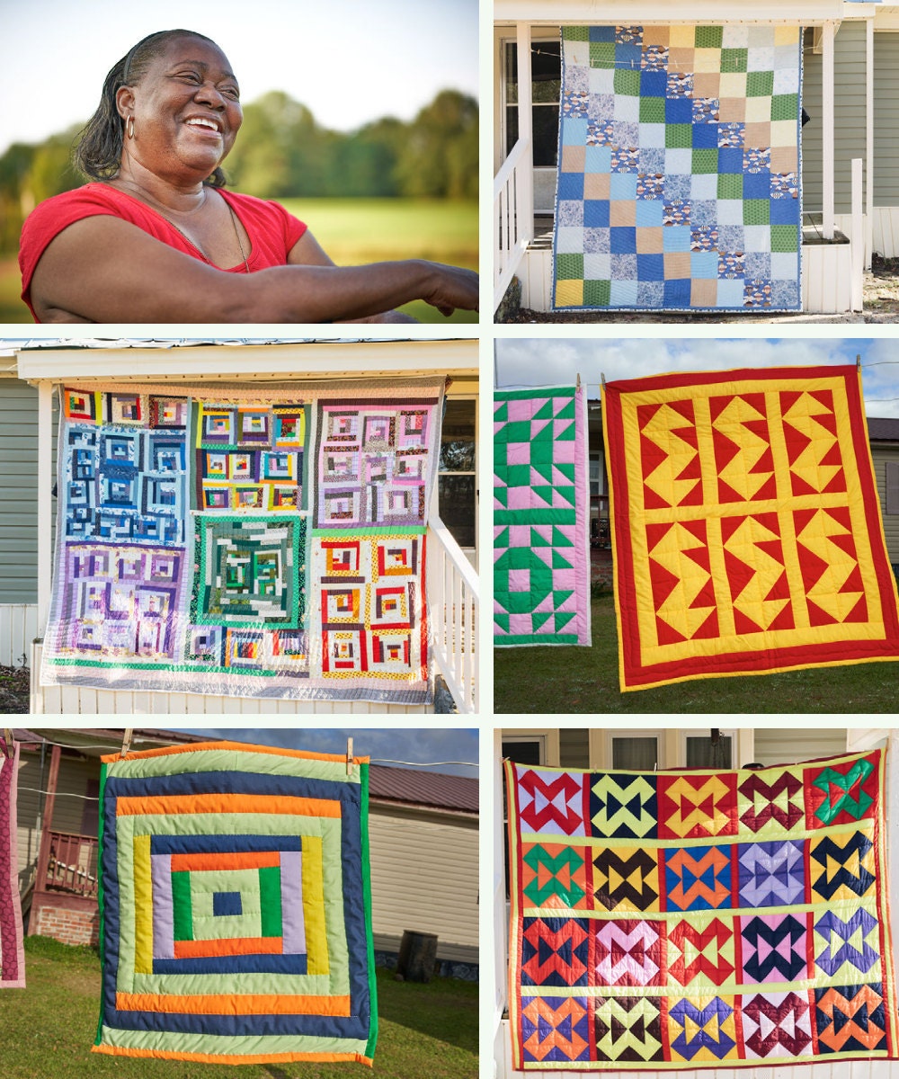A collage of Gee's Bend quilter Doris Mosely and her quilts.