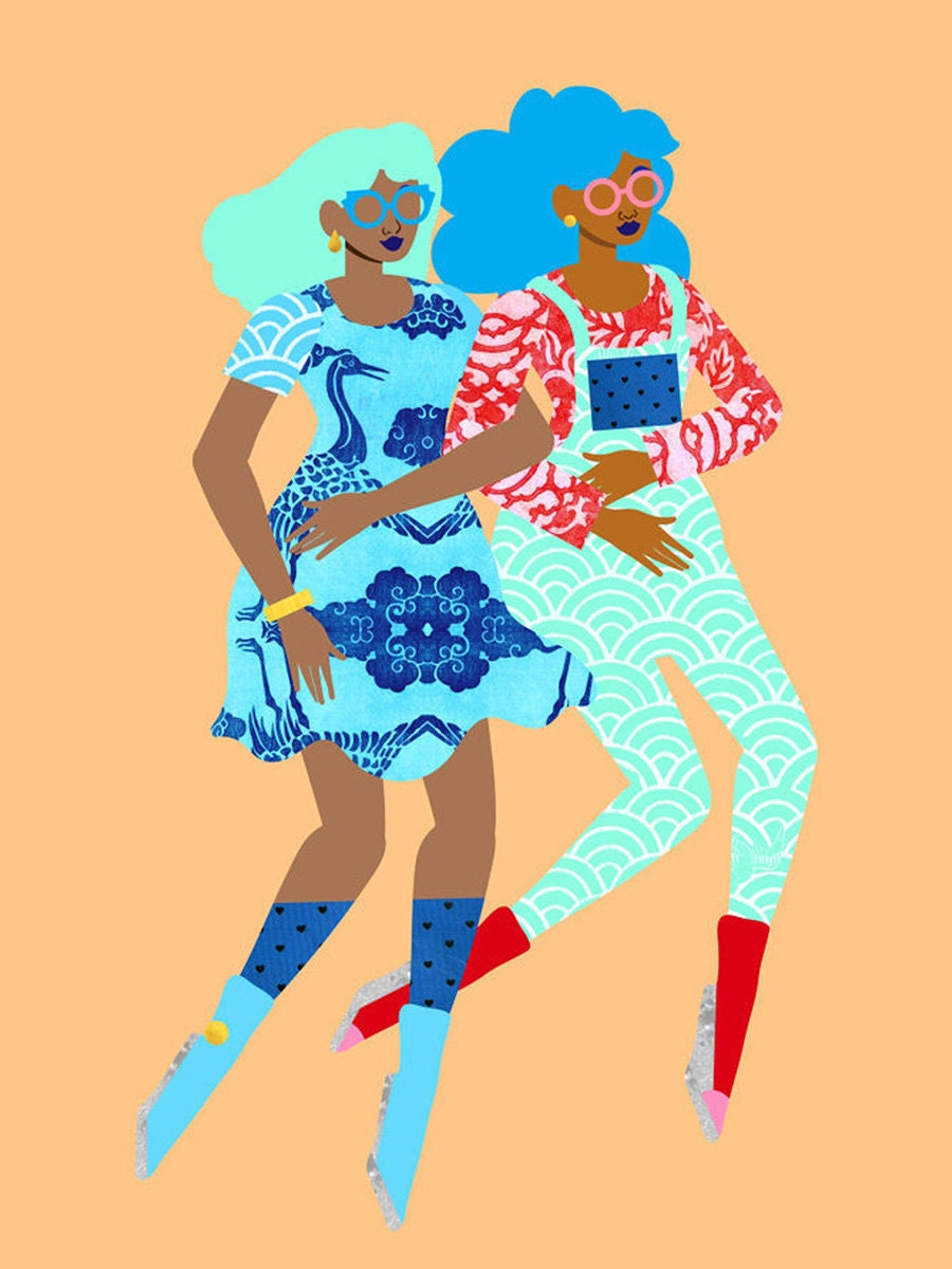 An illustration of two women walking arm-in-arm with colorful outfits and hair.