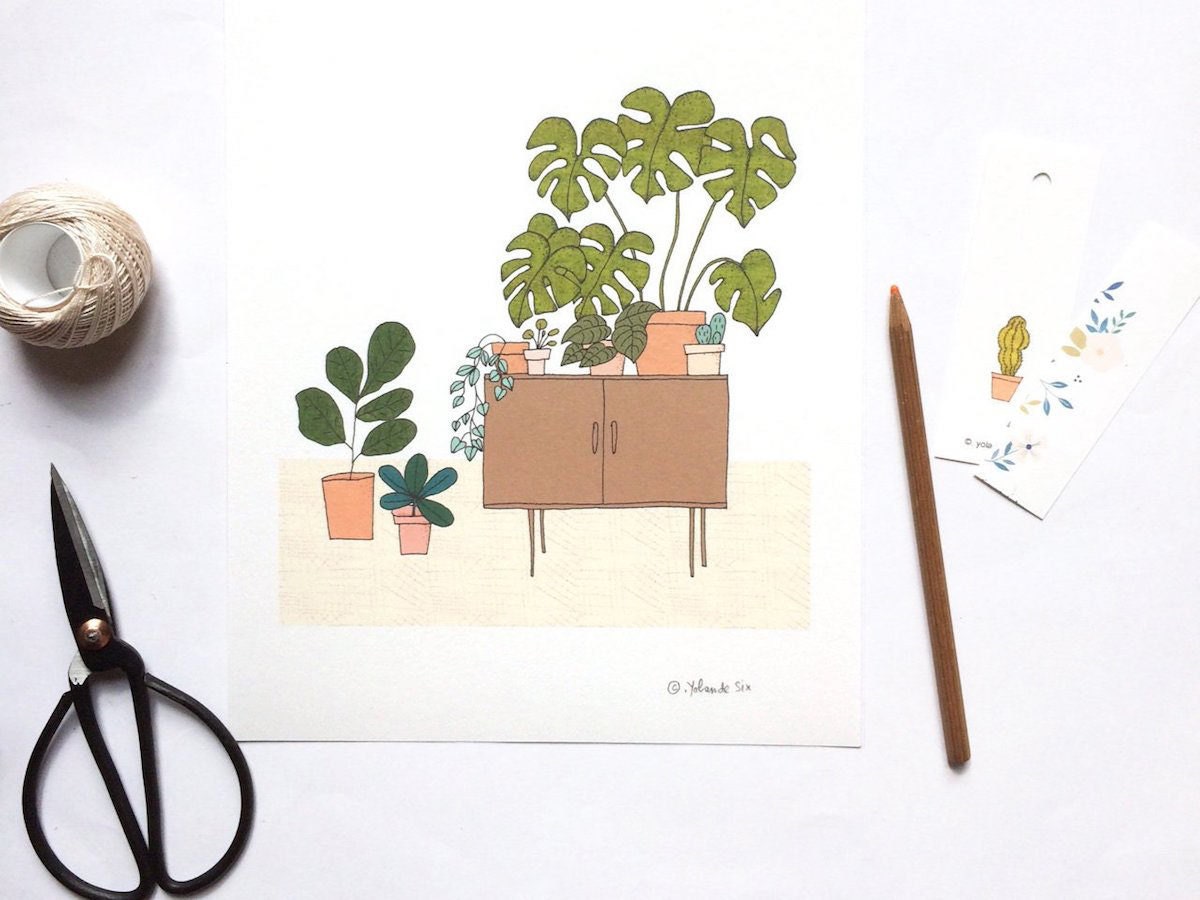 Hand-illustrated art print by Mademoiselleyo featuring potted plants on a credenza.