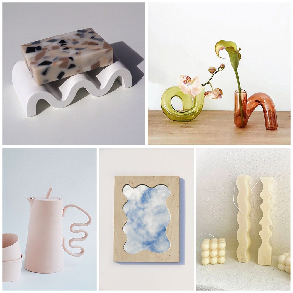 A collage of squiggly, wavy home decor items