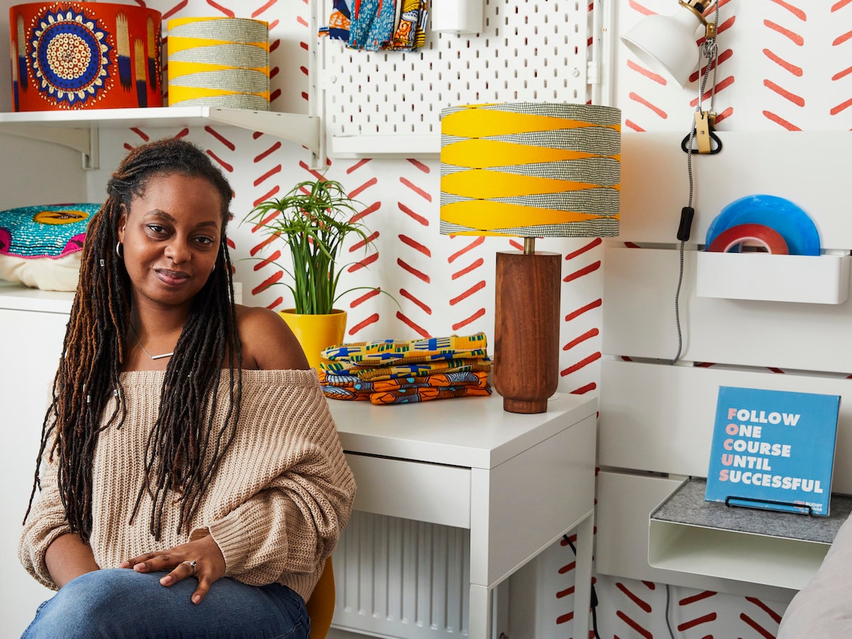 Portrait of Etsy seller Natalie Manima, owner of homewares shop Bespoke Binny, in her home studio in London
