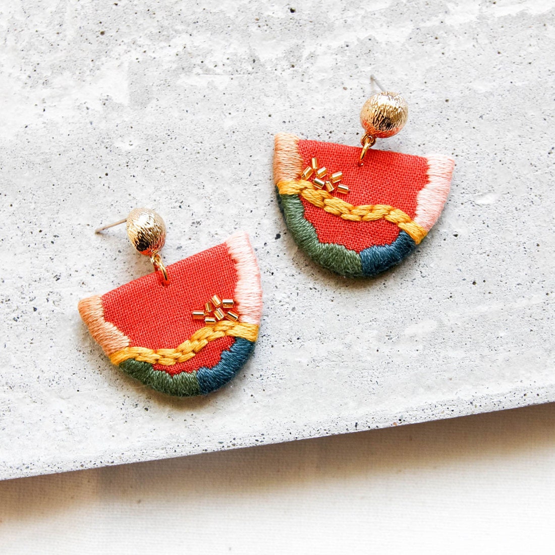 Vibrant abstract embroidered earrings from Thursday Craft Love