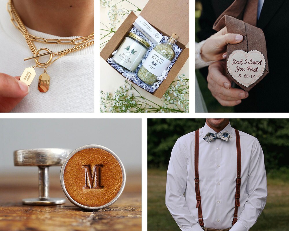 A collage of wedding party gifts from Etsy