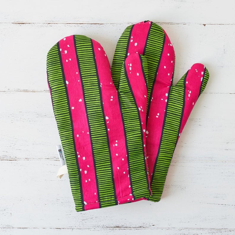 Pink striped oven mitts from Bespoke Binny