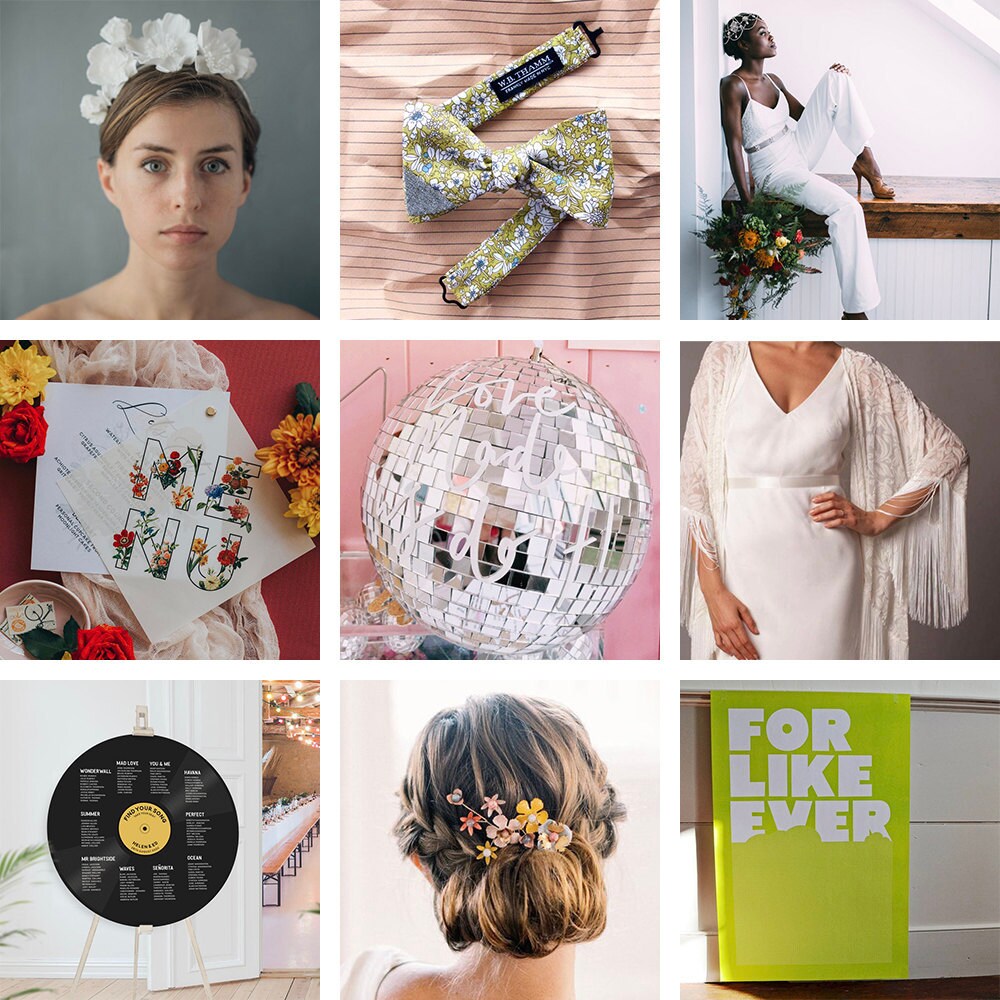 A collage of '70s wedding styles and decor from Etsy.