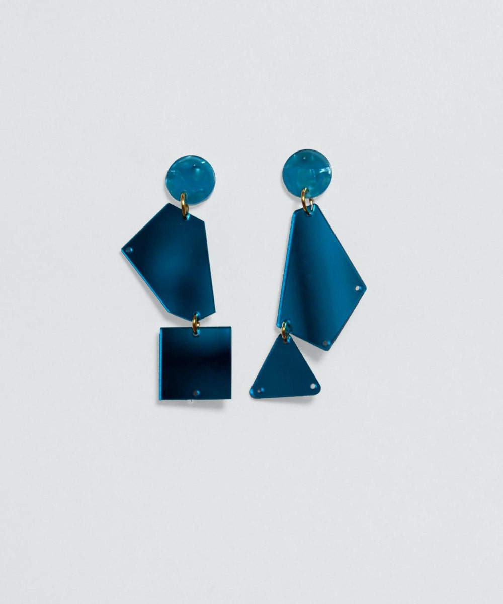 Blue iridescent geometric statement earrings from Vintage Royalty