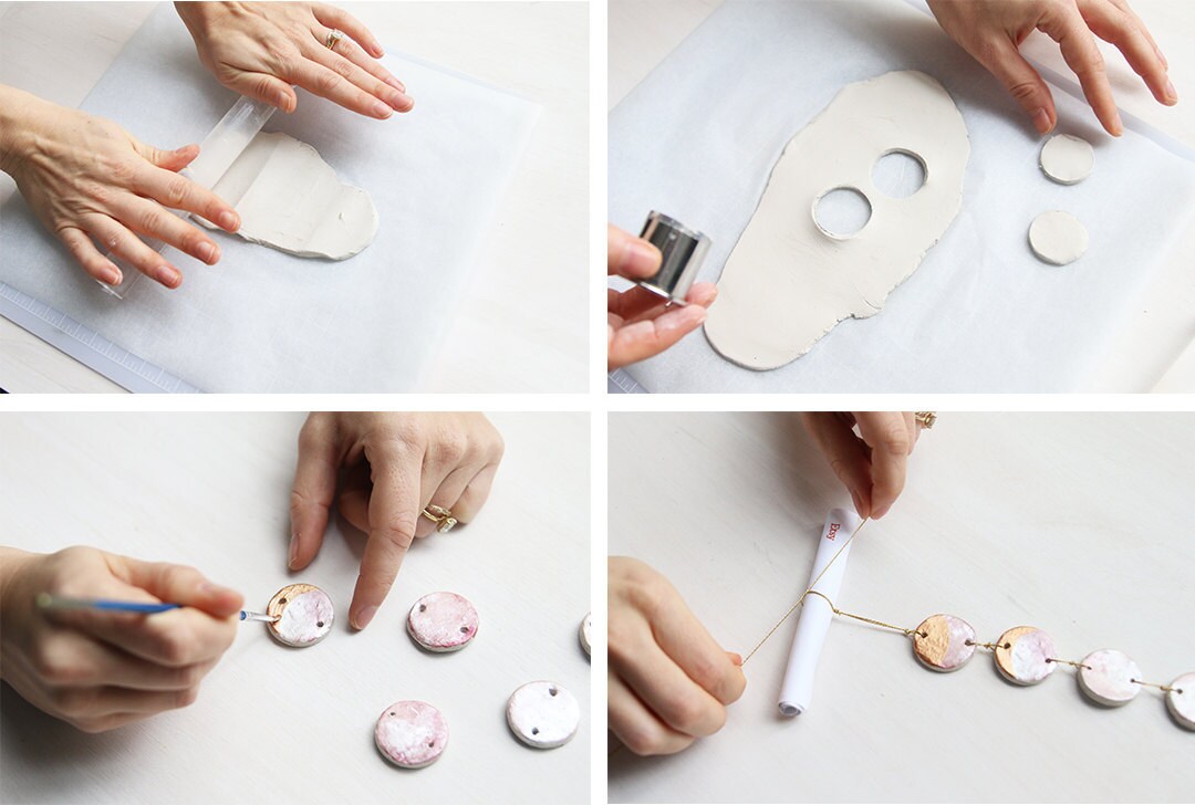 Photo collage showing 4 steps to DIY a gift card holder shaped like a moon phase ornament