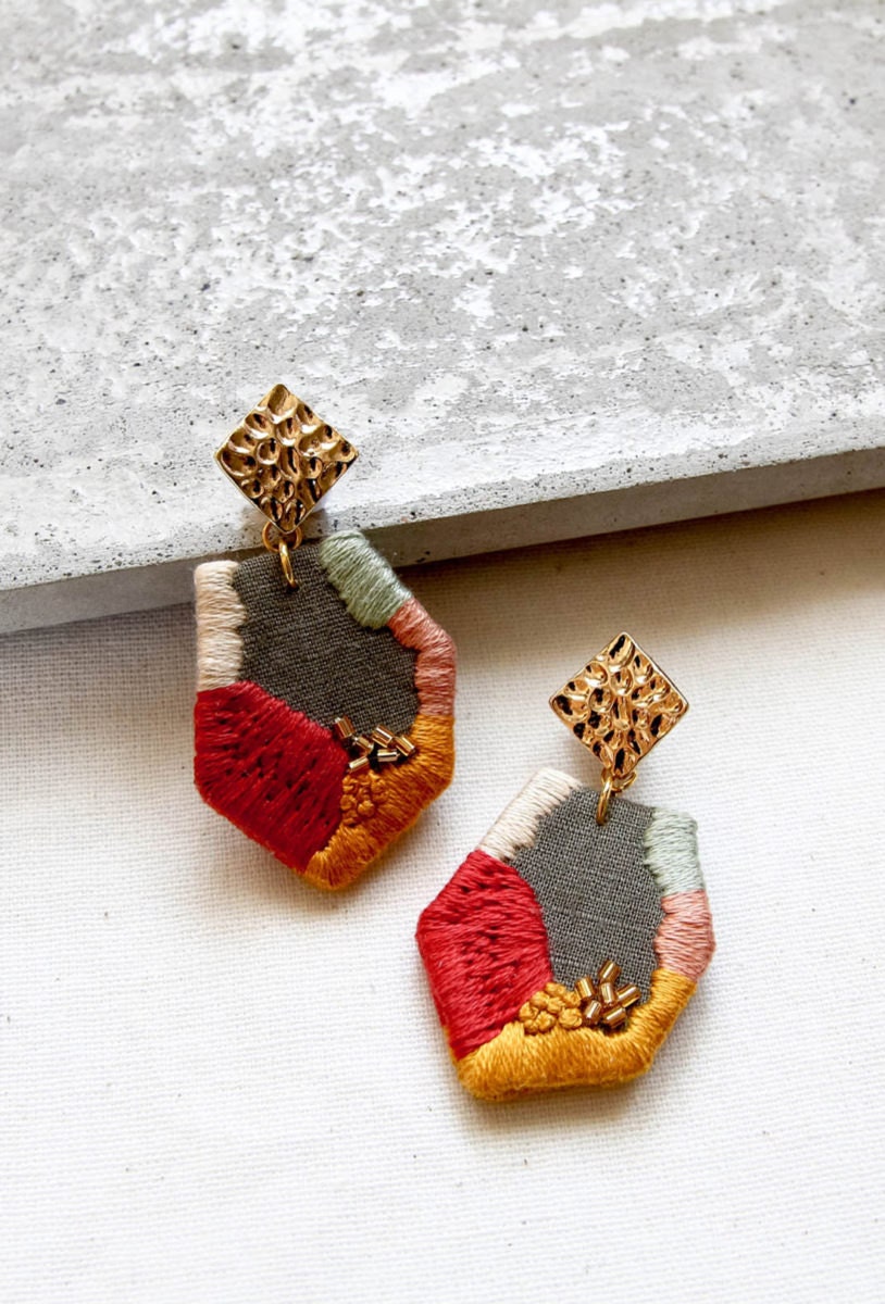 Abstract geometric embroidered earrings from Thursday Craft Love