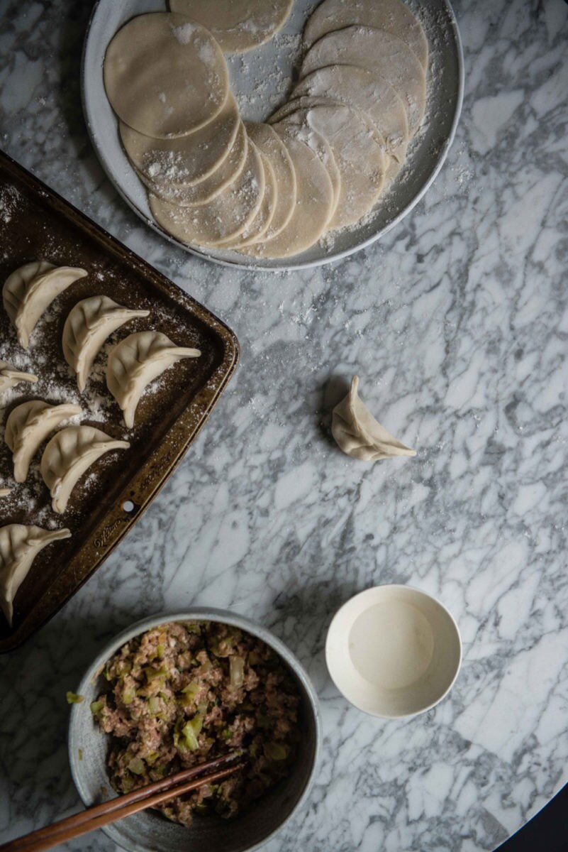 A dumpling making station