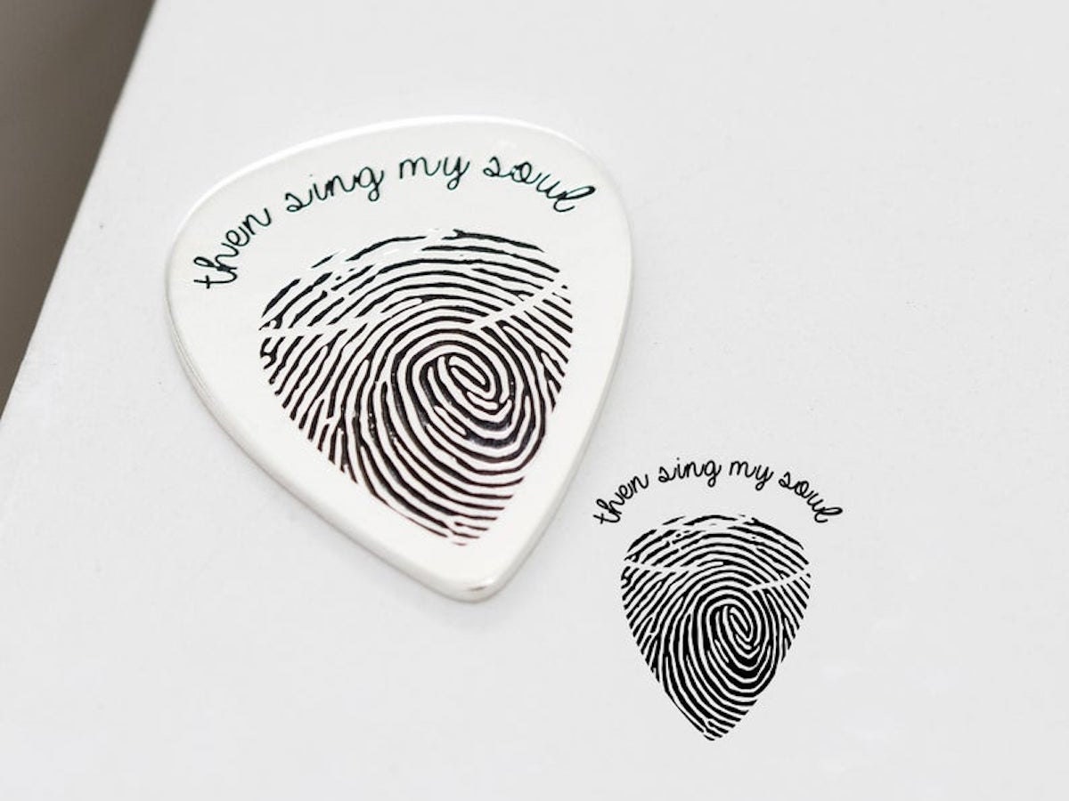 Engraved fingerprint guitar pick from Caitlyn Minimalist, and other personalized Father's Day gifts from Etsy