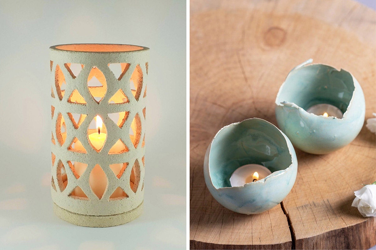 Two images: A cutout ceramic lantern at left and two tea light candle holders in robin's egg blue at right