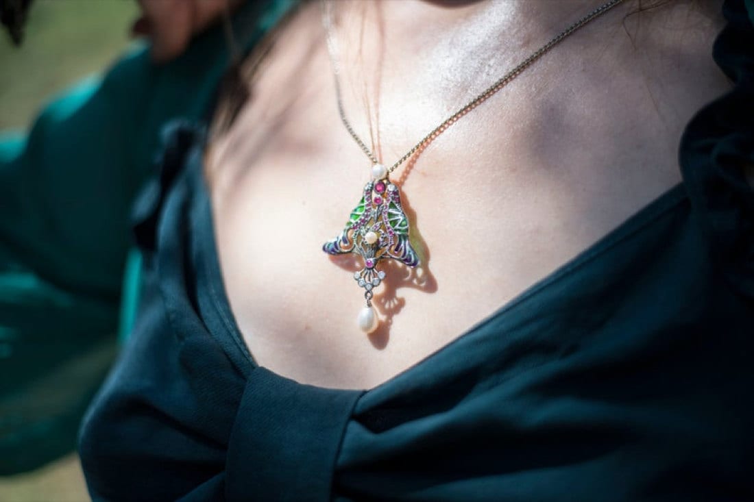 A ruby, diamond, and pearl pendant from KK Vintage Collection
