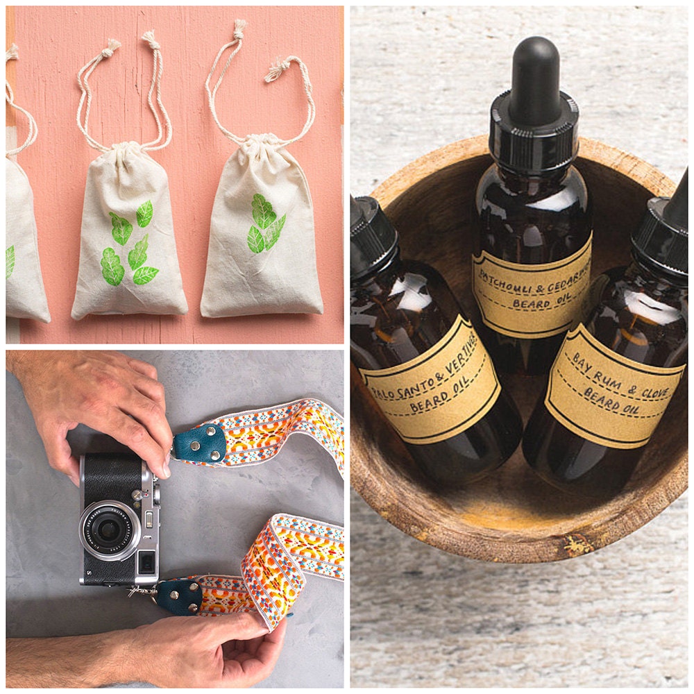 Three DIY projects from The Etsy Blog. Clockwise from top left: DIY seed bombs, DIY beard oil, and a DIY camera strap