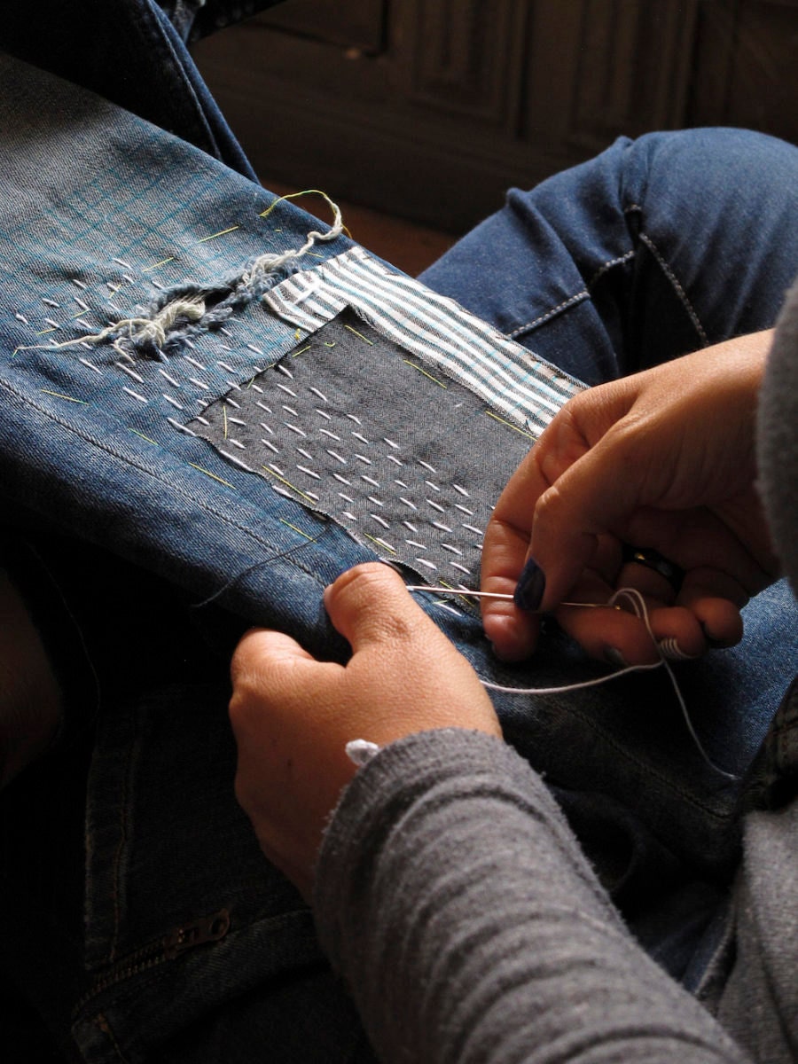 Sashiko stitching in progress Sashiko stitching in progress