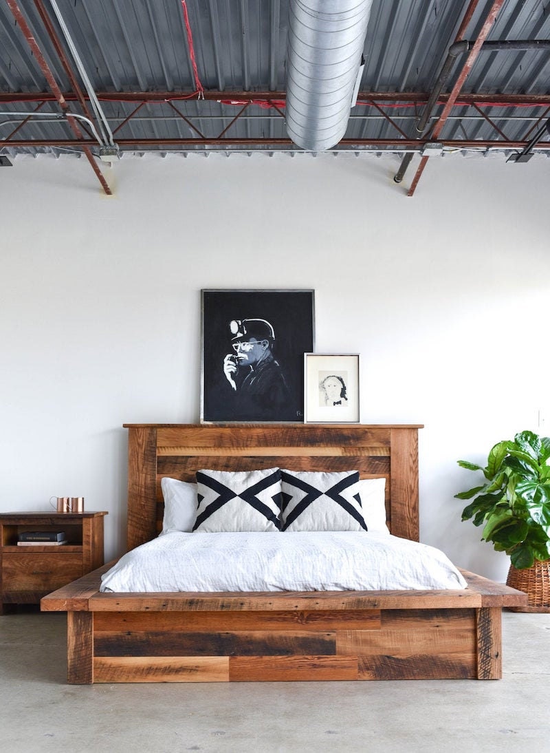 Reclaimed wood platform bed from What WE Make