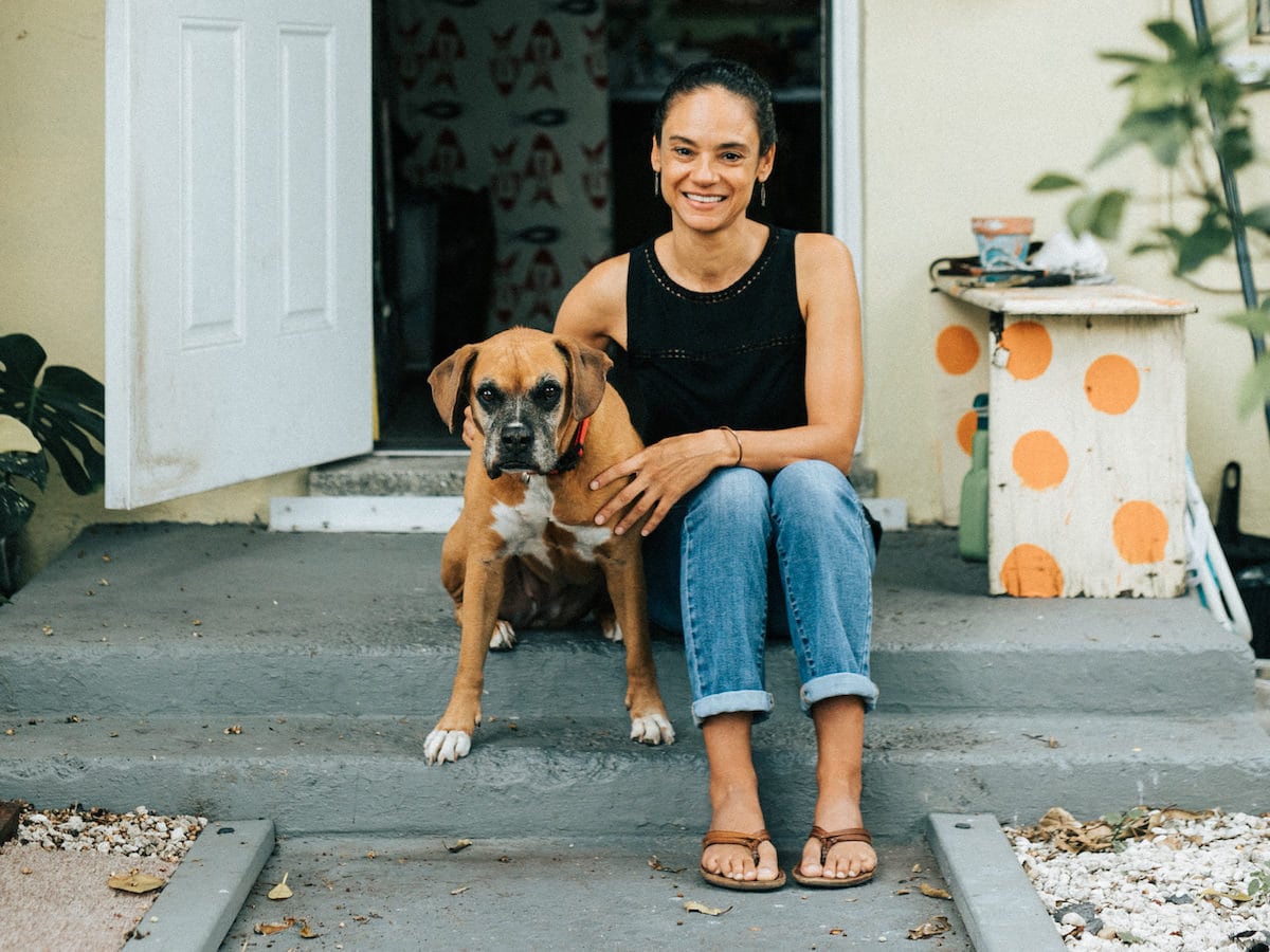 Portrait of Etsy seller Sally Binard in front of her studio