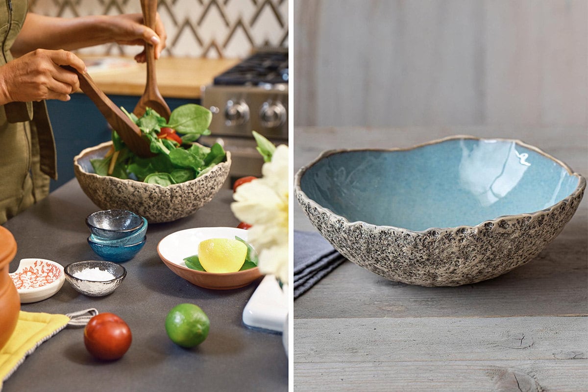 A bowl with pebble-like texture on the outside and a shiny blue glaze on the inside