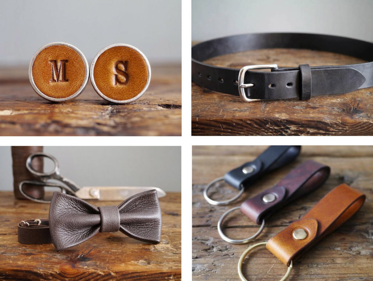 Personalized leather cufflinks, leather belt, leather keychains, and leather bow tie, all from Kingsley Leather