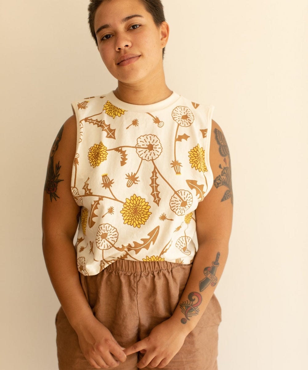 An organic dandelion-print crop tank from Object Apparel