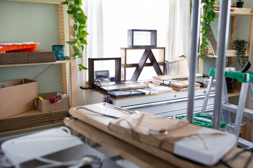 In progress shelving projects spread about Ilana's LA studio.