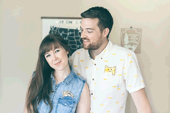 Etsy sellers Maddy and Seth Lucas of <a href="https://www.etsy.com/shop/ello there">TKshopname</a>, who work with production partners to bring their designs to life