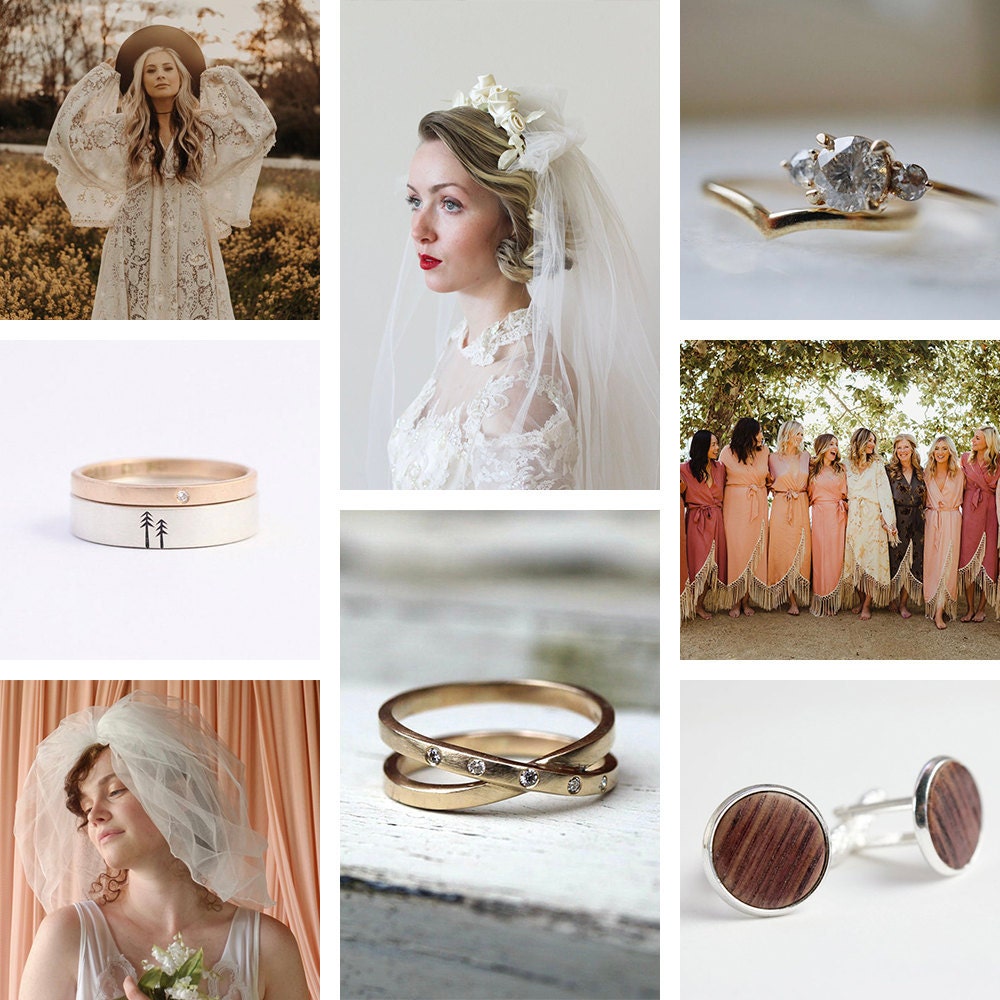 A collage of sustainable wedding styles from Etsy