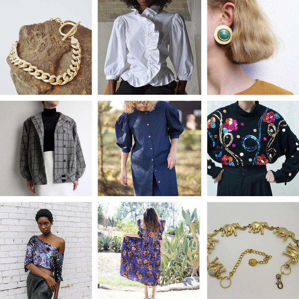 A collage of 80s-inspired clothes and accessories available on Etsy
