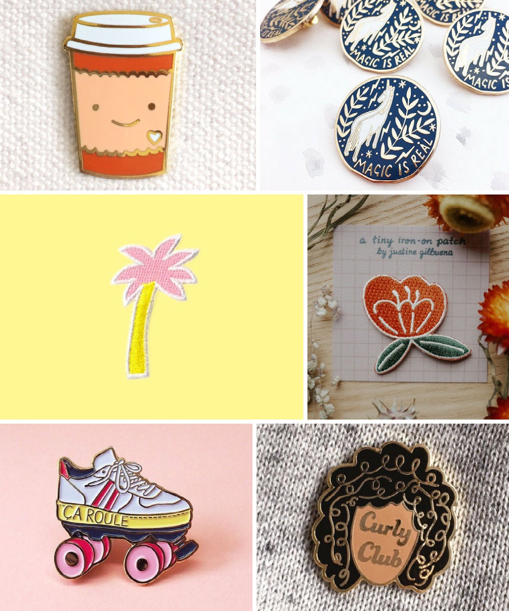Enamel pins, embroidered patches, and other back-to-school supplies from Etsy