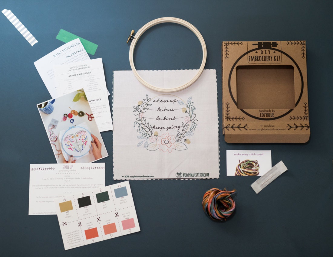 A flat lay of all the components of one DIY embroidery kit, including a pattern, instructions, floss, needles, and a hoop.