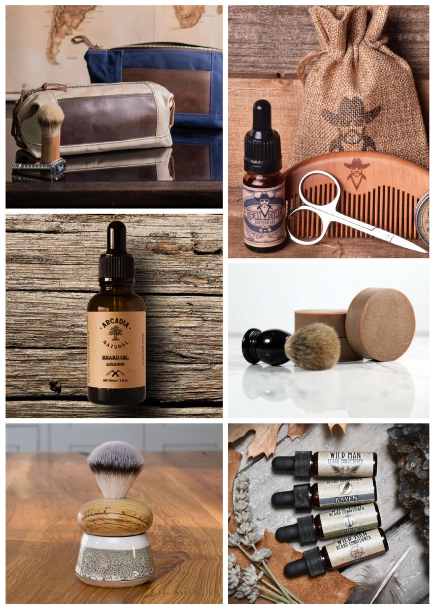 Collage of ready-made beard oils and beard care items from Etsy