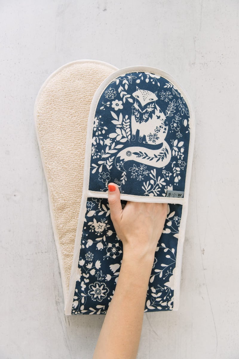 A woodland-themed double oven mitt from Softer and Wild.