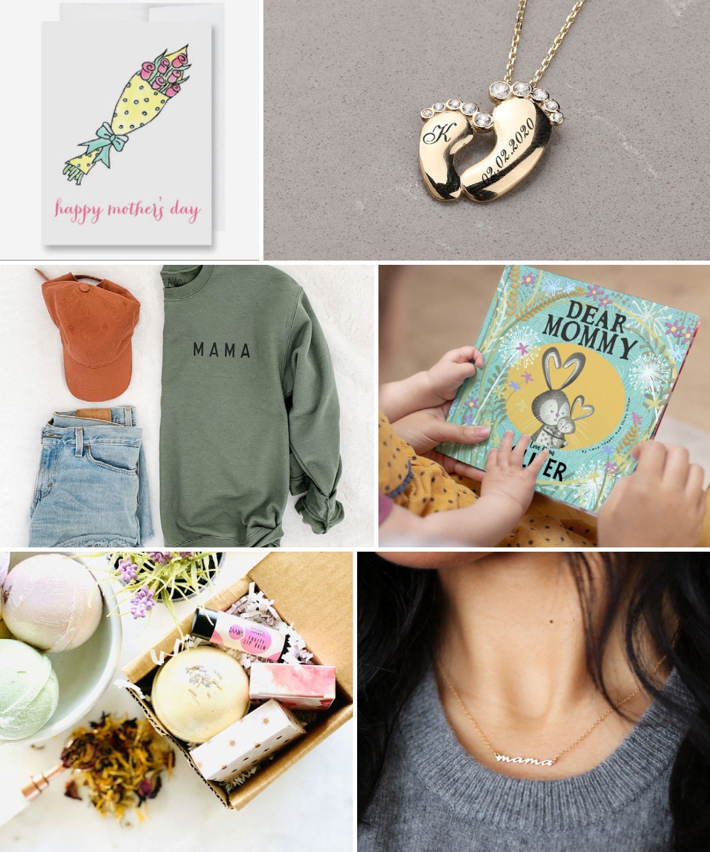 Mother's Day gift ideas for new moms, including custom jewelry, cards, and personalized "mom" apparel and accessories.