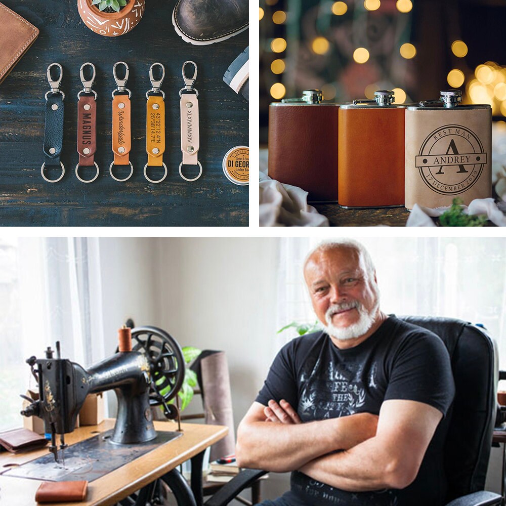A collage featuring a portrait of Di Geordie leatherworker Yordan Yordanov alongside some of his personalized leather keychains and flasks.