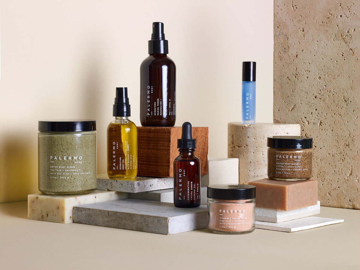 Assorted all-natural bath and beauty products from Palermo Body