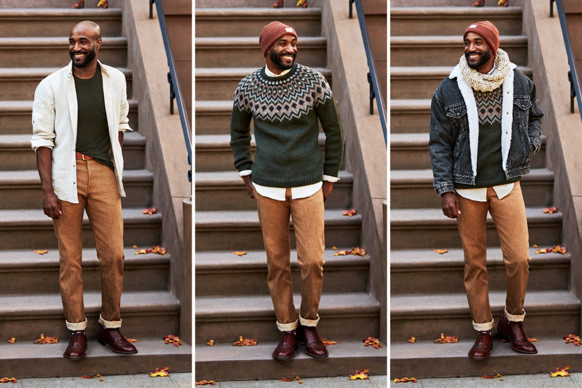Three-image collage of a man wearing an increasingly layered fall look