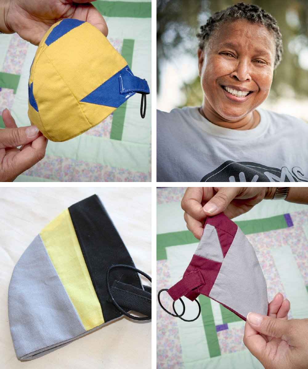 A collage of Gee's Bend quilter Loretta Pettway Bennett and her quilted masks