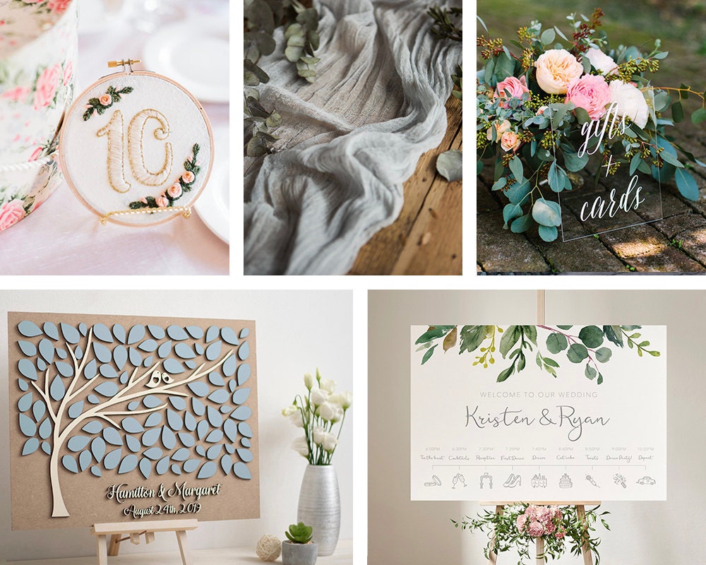 A collage of reception decor from Etsy