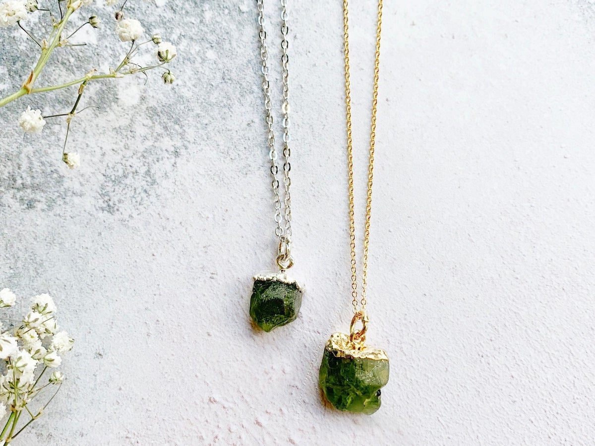 Two raw peridot pendant necklaces from Eclectic Eccentricity