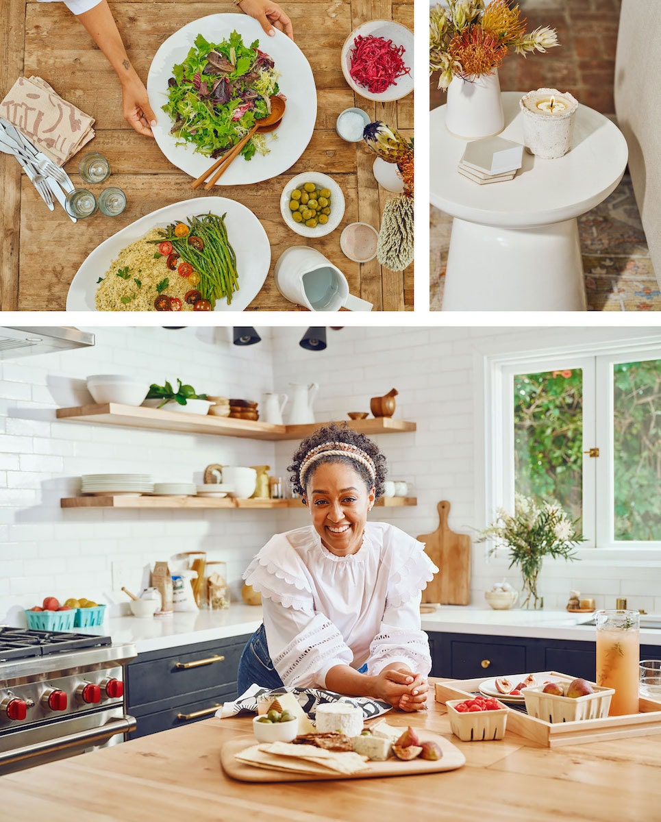 Assorted ceramic serveware and rough-edge candle from the Tia Mowry x Etsy collection