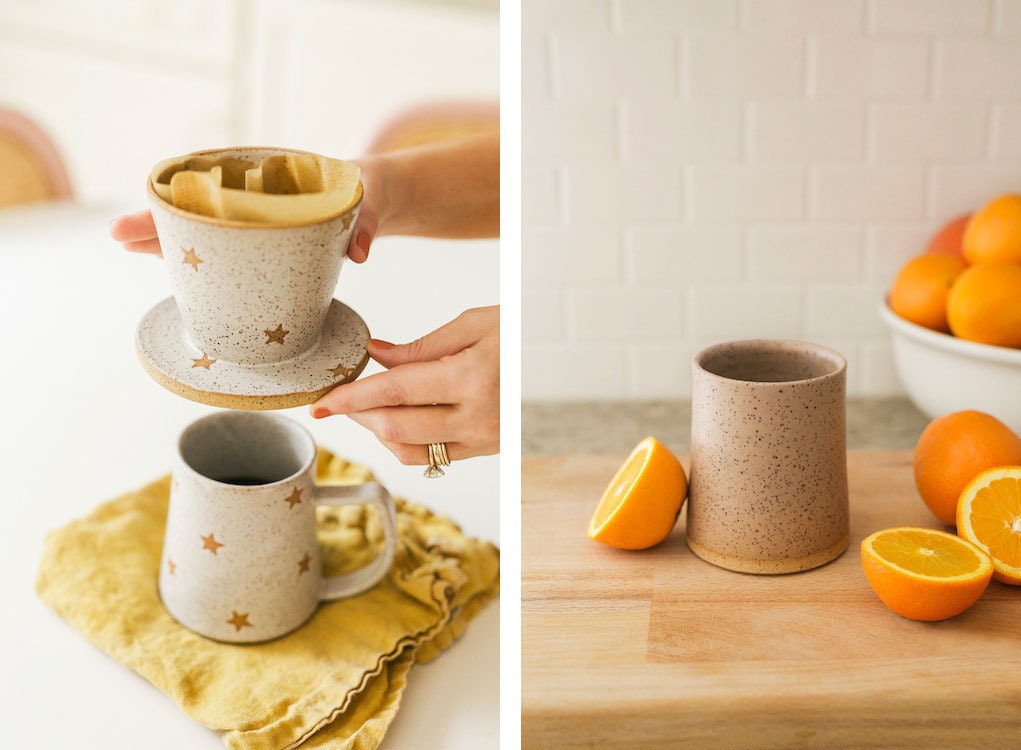 Star mug and pour-over and pink tumbler from the A Beautiful Mess x Etsy collection