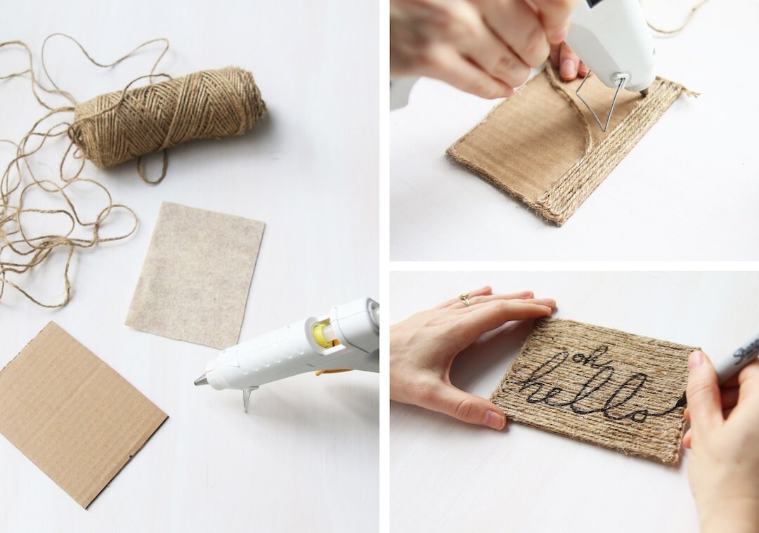Photo collage of 3 steps to DIY a gift card holder modeled after a doormat.