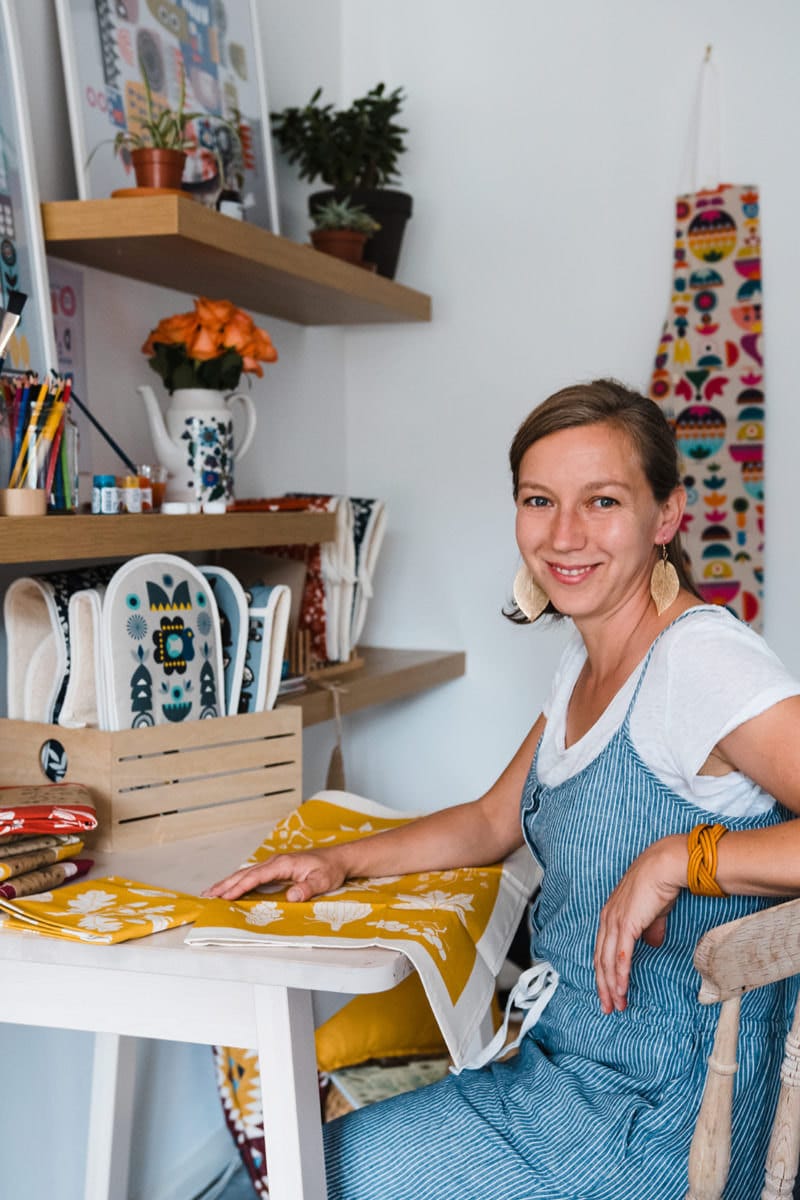 Portrait of Softer and Wild pattern illustrator Tatiana Nedialkova in her UK studio