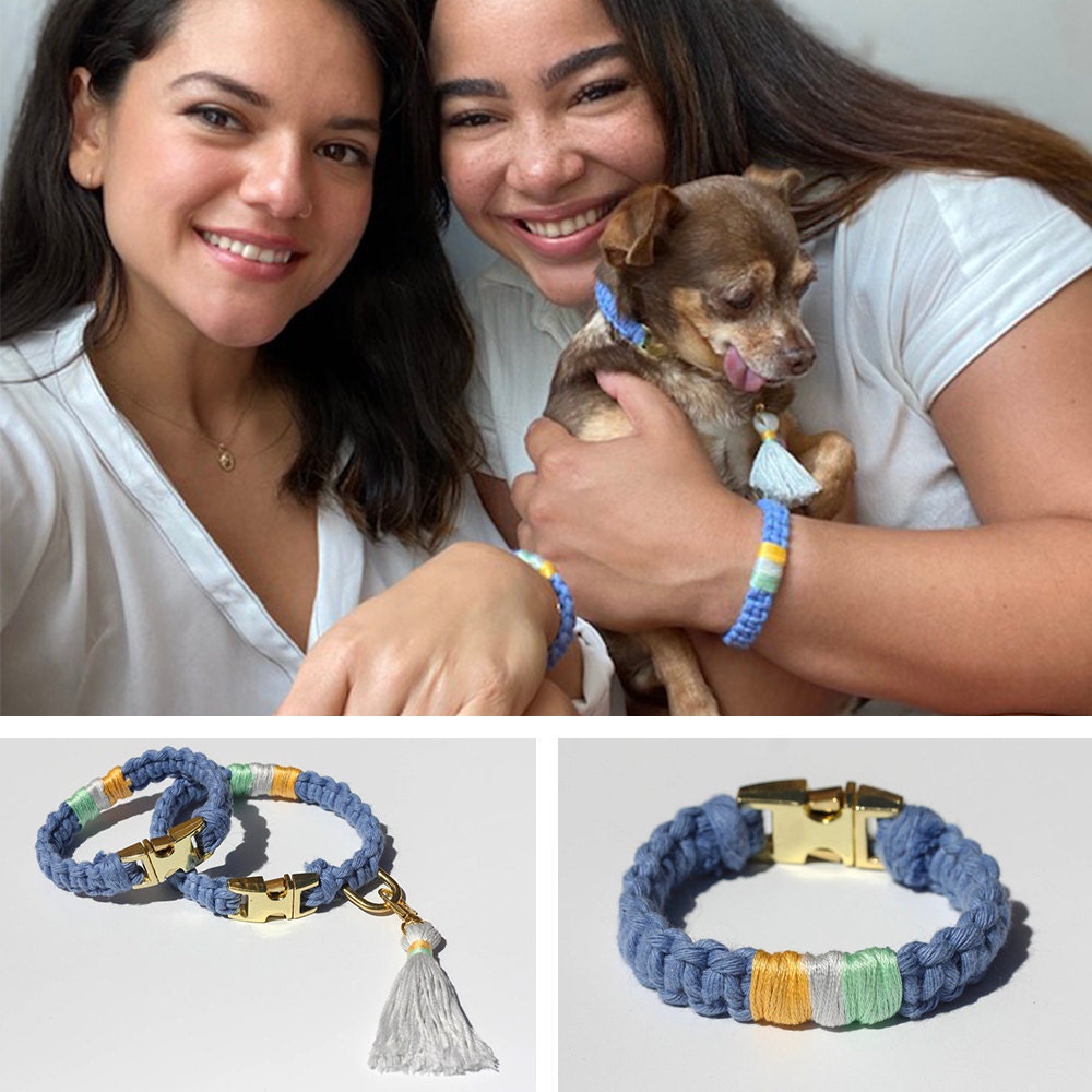 A collage of images showing two women and their pet chihuahua modeling their matching friendship bracelets and dog collar.