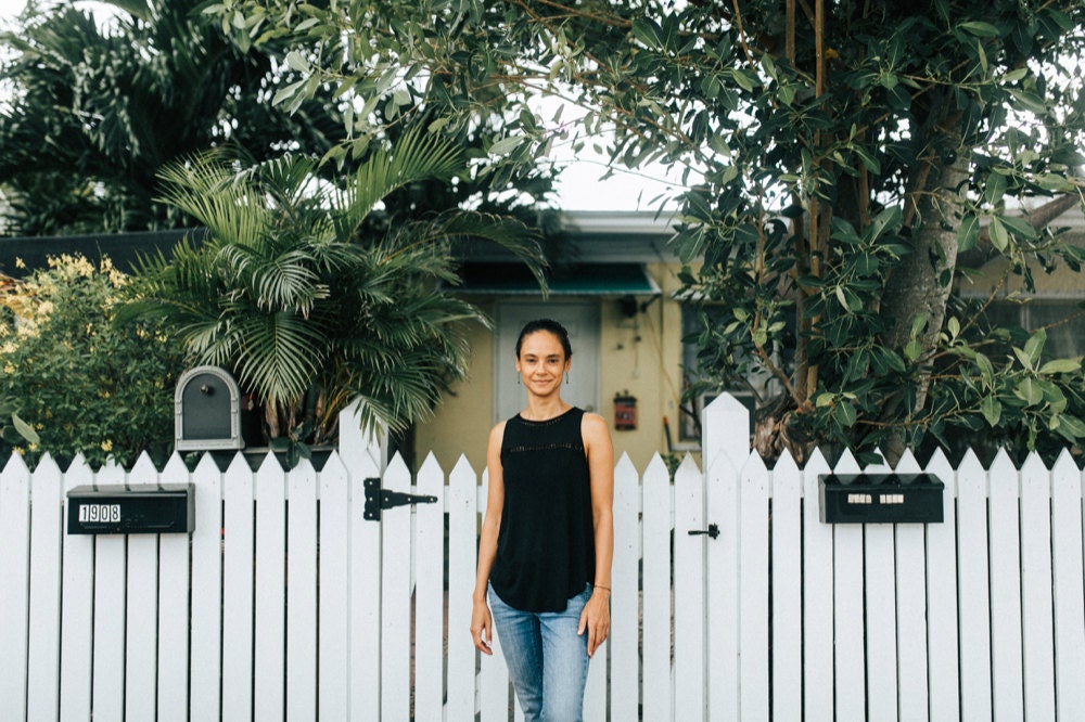 A portrait of Sally Binard outside her home studio.