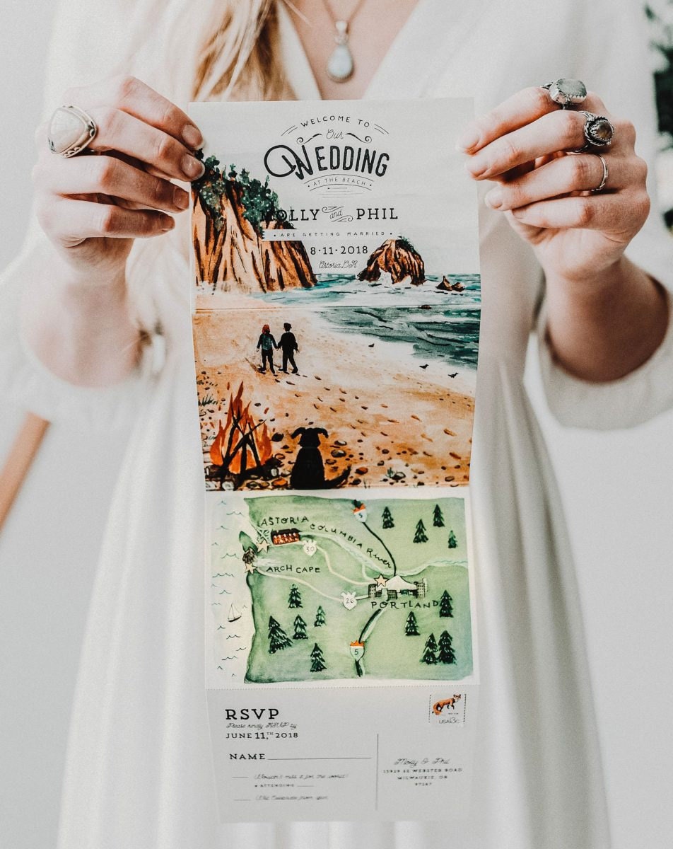 A custom watercolor quad-fold invitation from Wide Eyes Paper Co.