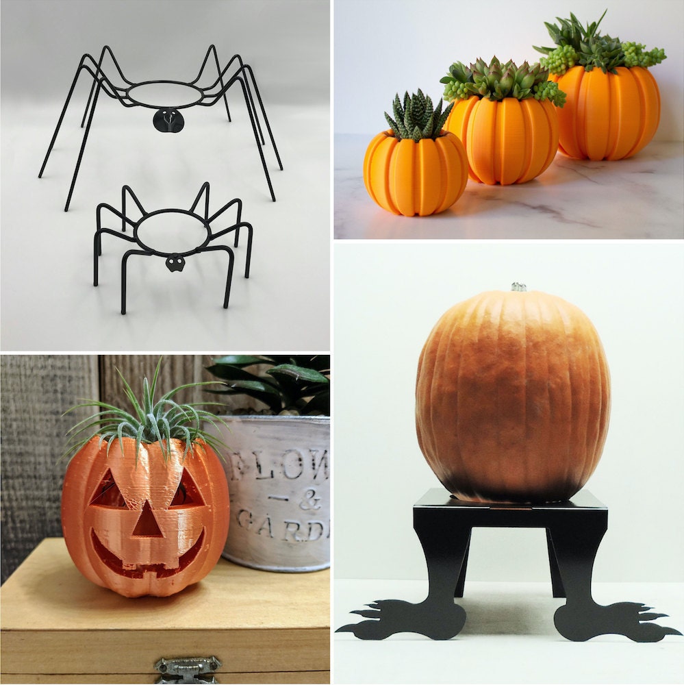 Pumpkin planters and jack-o-lantern stands for Halloween, from Etsy