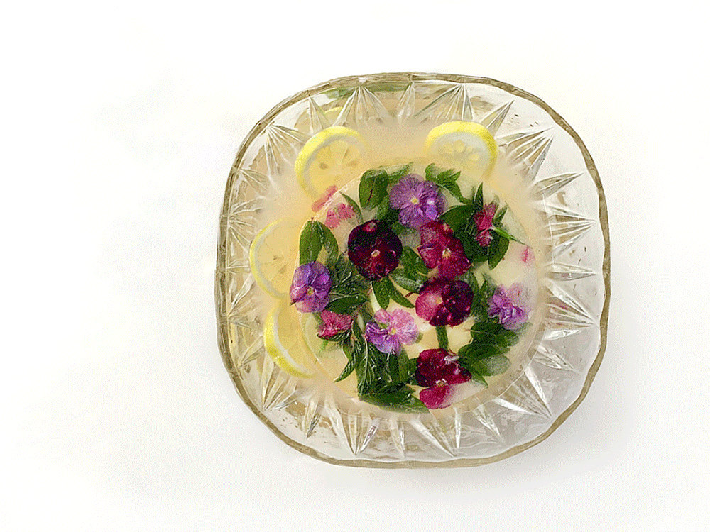 An animated gif of the finished punch surrounded with various decorative fruits and herbs.