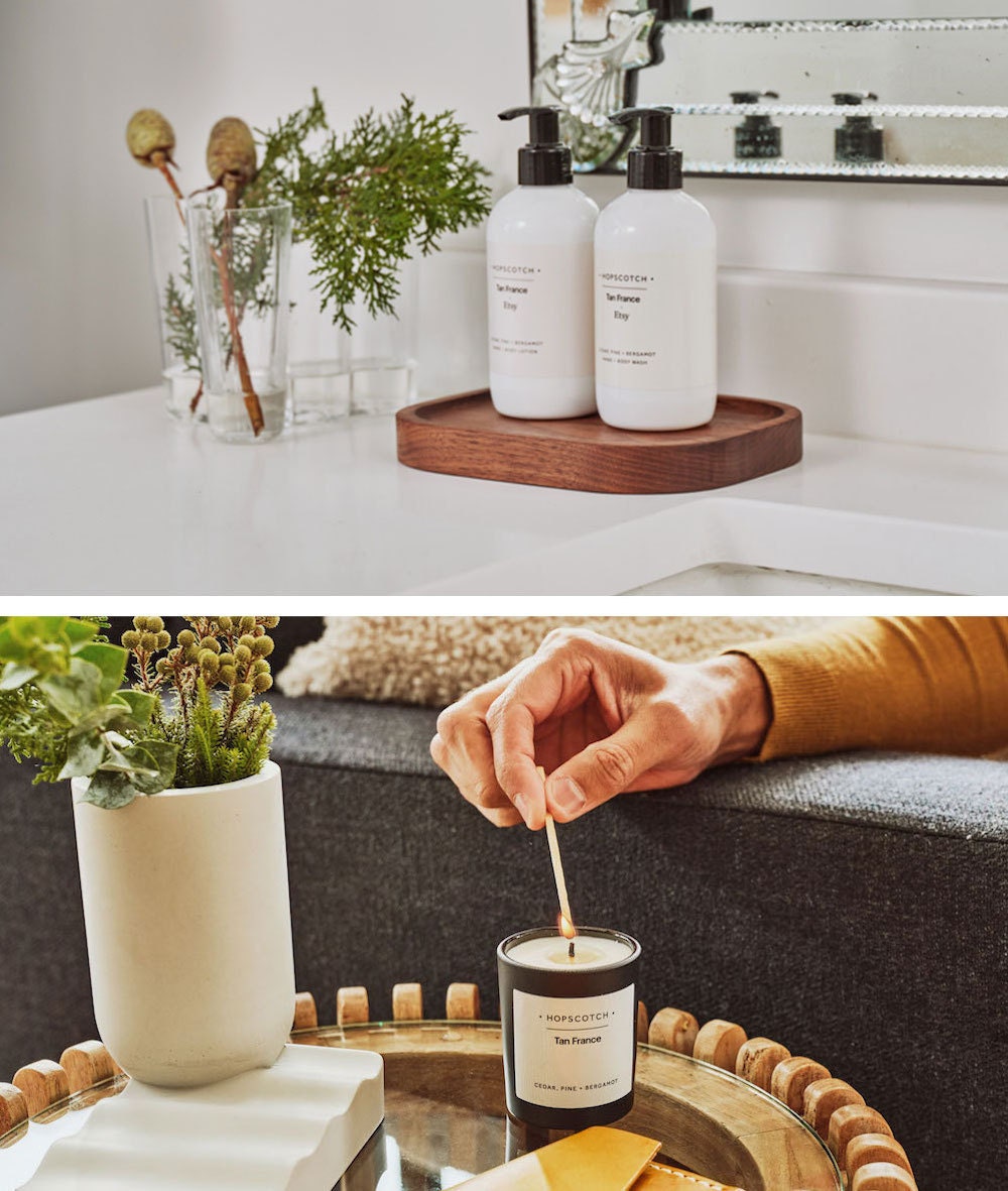 A collage of styled images of Hopscotch London hand soap and soy candles from the Tan France x Etsy collection